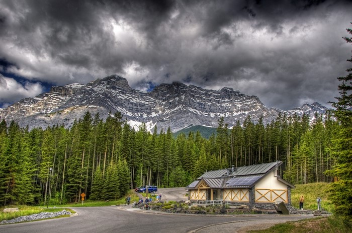 Building and Mountains in Banff National Park, Canada