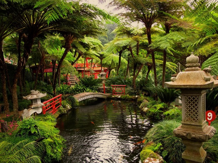 Japanese Garden with Pond and Stone Lanterns