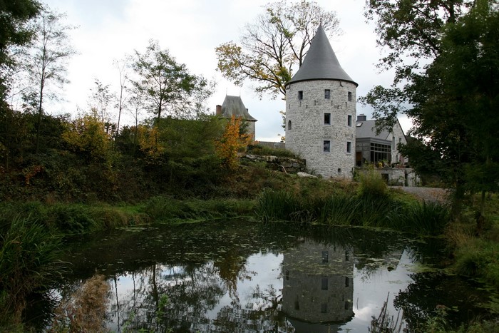 Castle tower reflected in a pond in Belgium