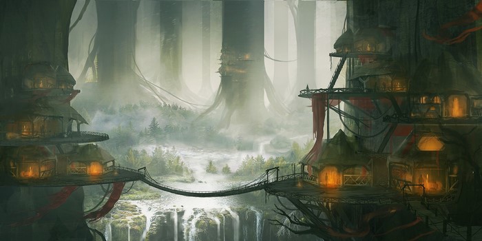 Fantasy village built on giant trees above waterfalls