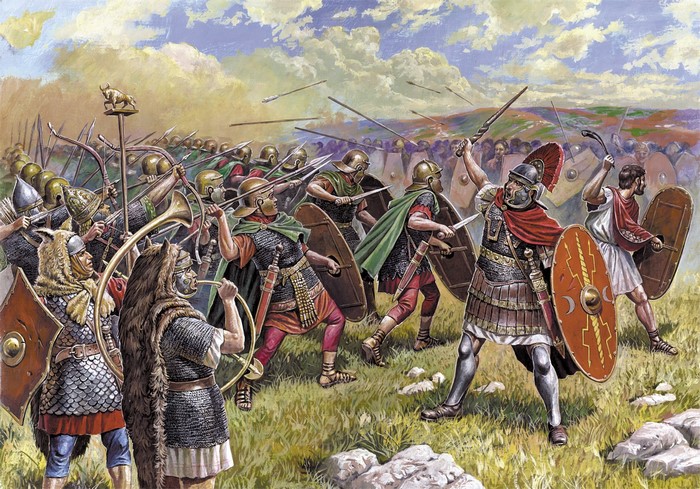 Roman soldiers in battle with spears and shields