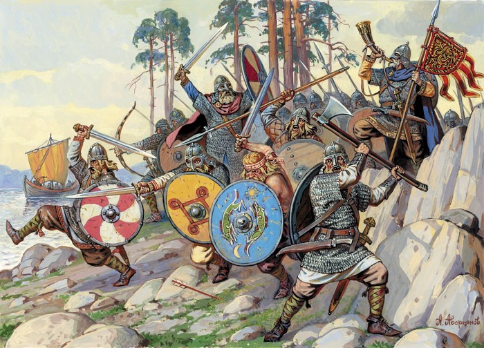 Viking warriors in battle near a lake with a ship