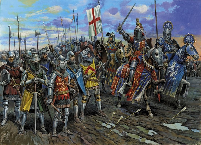 Knights in armor with swords and banners