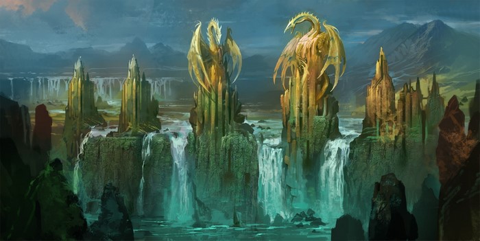 Golden dragons atop rocky spires with waterfalls