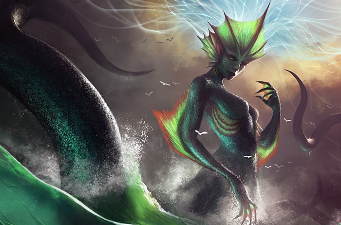 Mermaid with snake-like body in stormy ocean