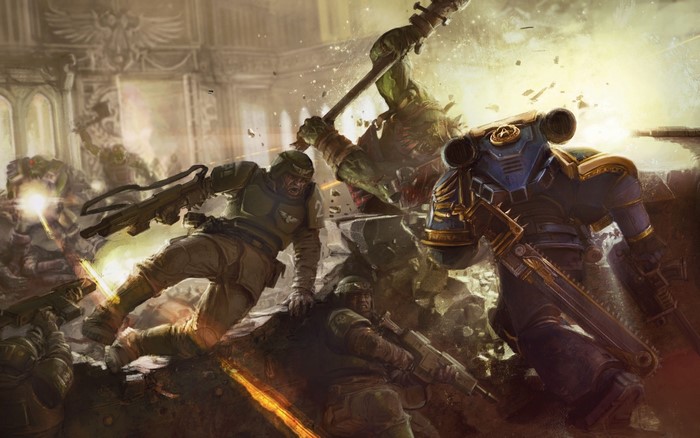 Warhammer 40000: Space Marines and Orks in Battle