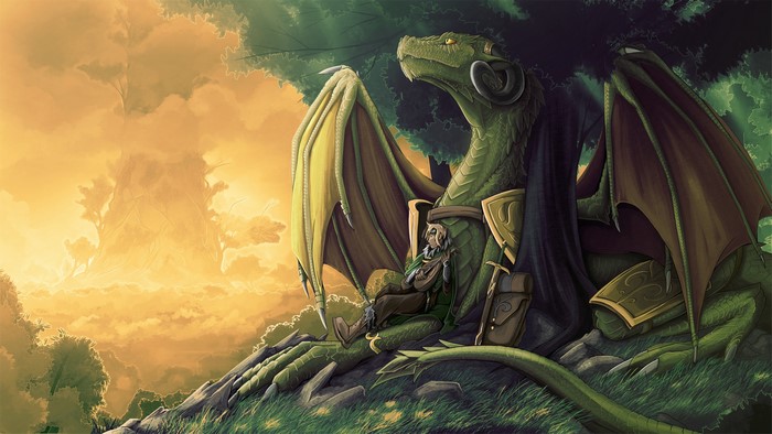 Green dragon with a bard under a tree