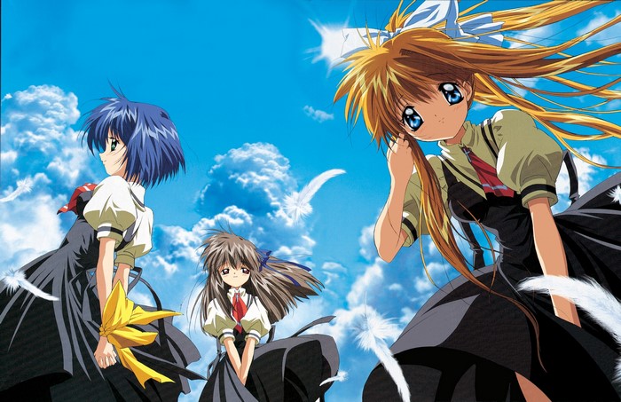 Three anime girls in school uniforms against a blue sky
