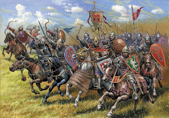 Byzantine cavalry battle with banners and shields