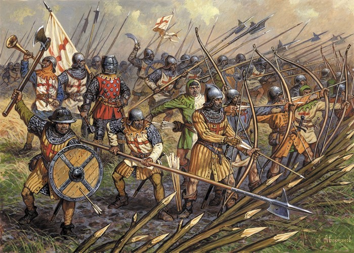 Medieval soldiers in battle with bows and spears