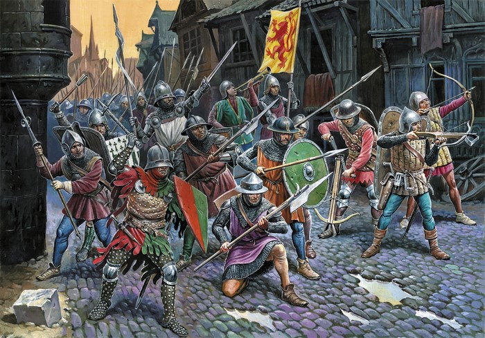 Medieval soldiers advancing in a cobblestone street