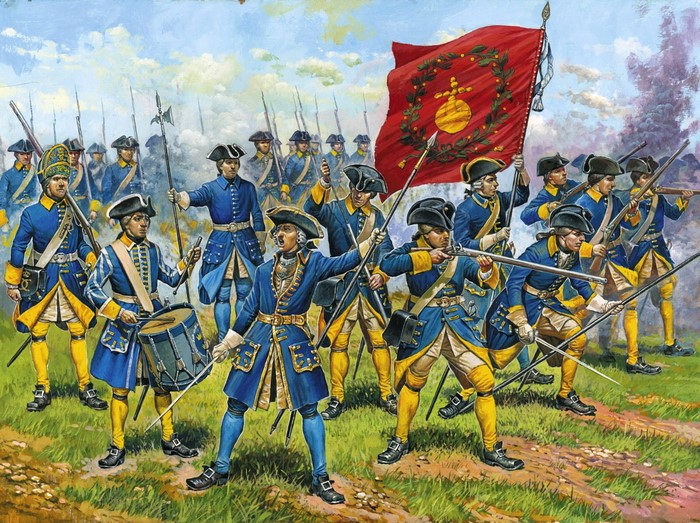 Soldiers in blue and yellow uniforms with muskets and a flag