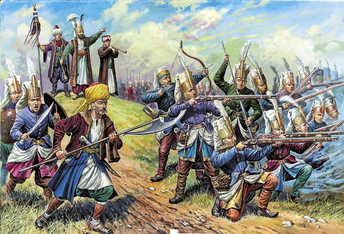 Ottoman soldiers in battle formation with muskets and swords