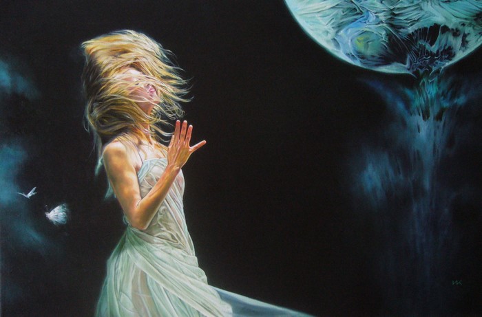 Woman in white dress with hair blowing, near a celestial body