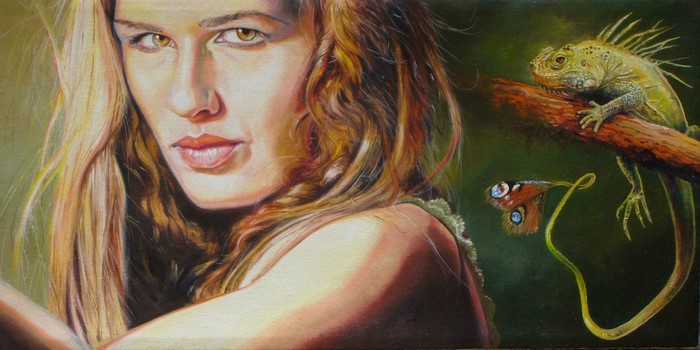 Woman with Iguana and Butterfly by Wlodzimierz Kuklinski