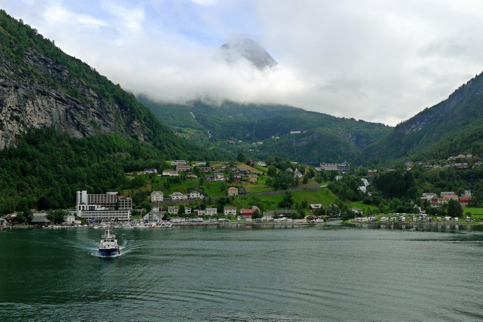 Geiranger, Norway Fjord with Village and Mountains