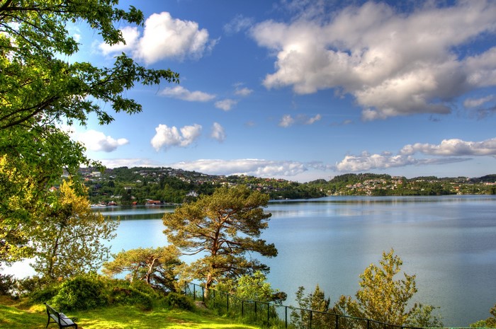 Lake and Hills with Trees and Clouds