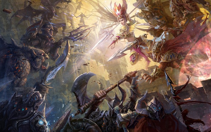 Fantasy battle between monstrous creatures and armored warriors