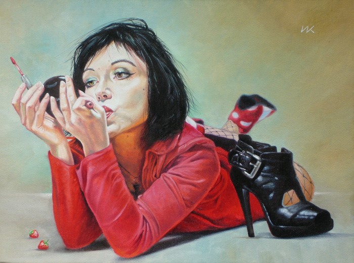Woman applying lipstick, by Wlodzimierz Kuklinski