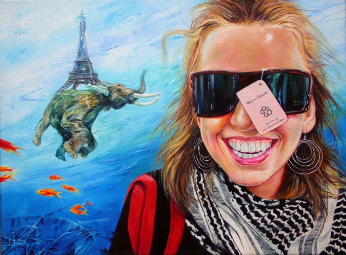 Painting of a woman with sunglasses and an elephant with the Eiffel Tower