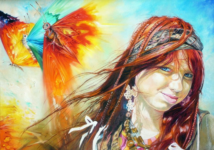 Girl with butterflies by Wlodzimierz Kuklinski