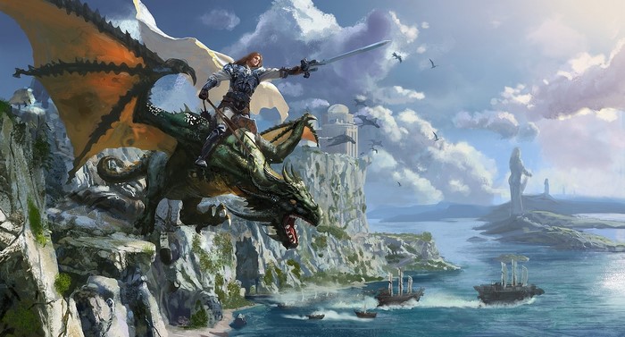 Warrior riding a dragon over a coastal city