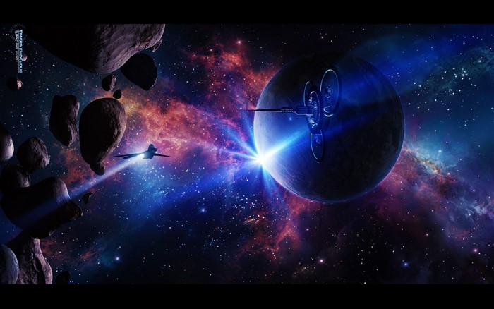 Spaceship near planet and asteroids in nebula