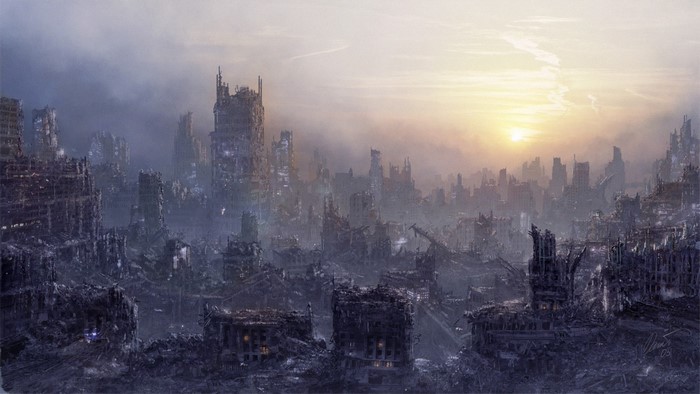 Apocalypse city ruins at sunset