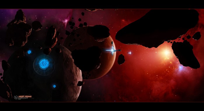 Aries Prime space scene with asteroids and planets