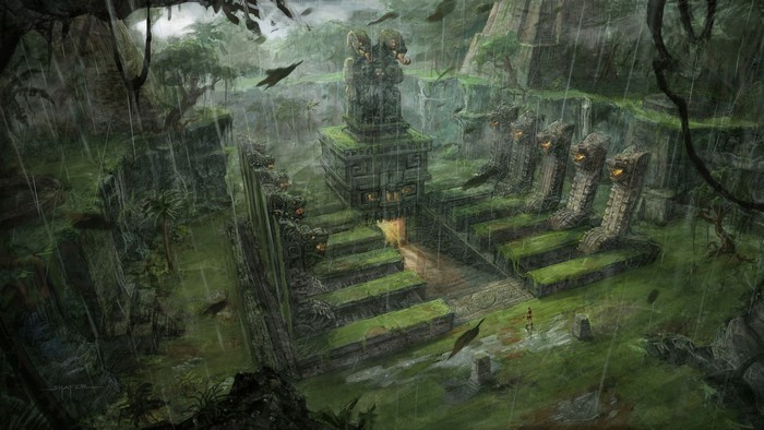 Tomb Raider jungle temple ruins in rain