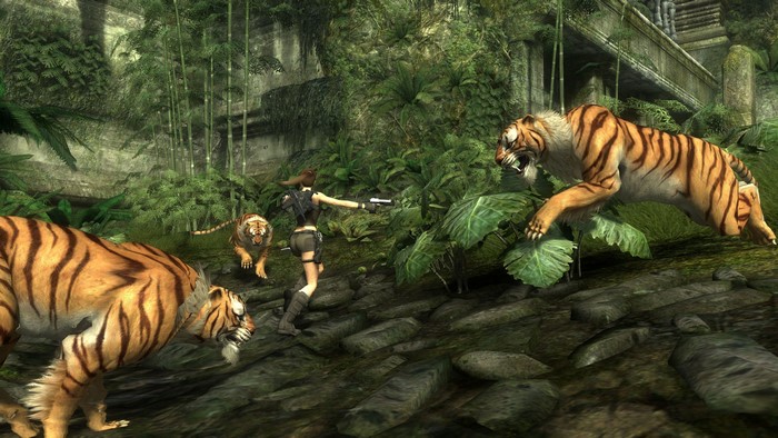 Lara Croft from Tomb Raider fighting tigers