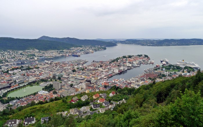 Aerial view of Bergen, Norway harbor and cityscape