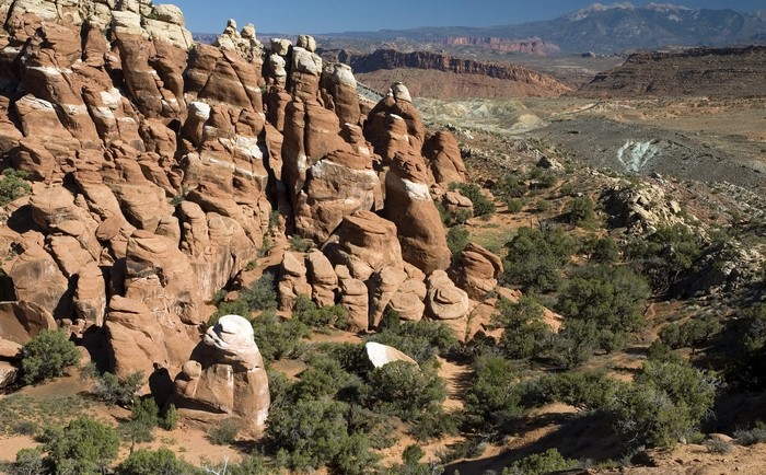 Rock formations and desert landscape in Arches National Park, Utah