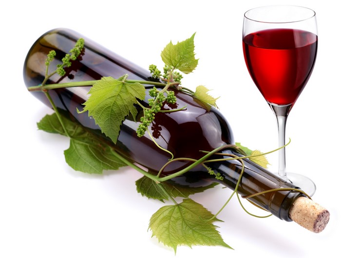 Bottle of red wine with grape vine and glass