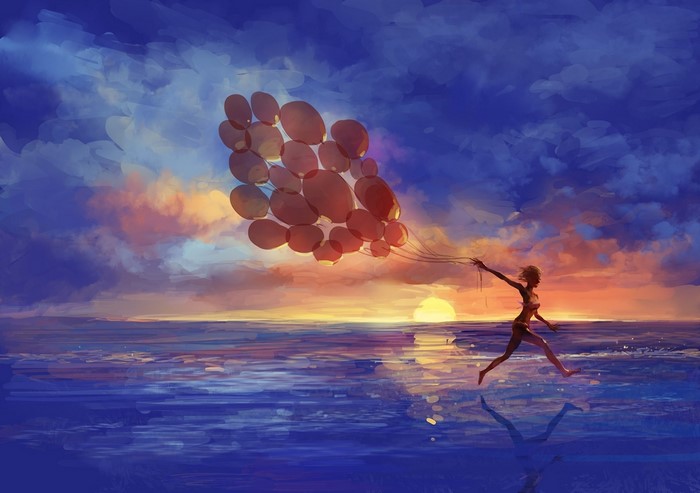 Girl running with balloons over the ocean at sunset