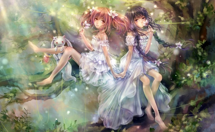 Two girls with a stuffed toy in a forest