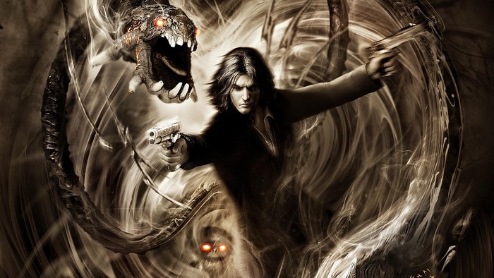 Jackie Estacado from The Darkness fighting a monster
