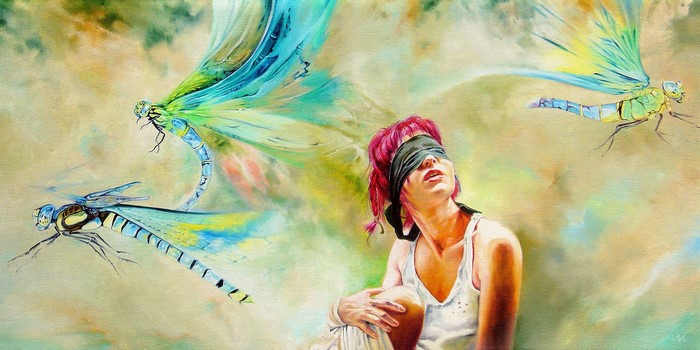 Blindfolded woman with dragonflies by Wlodzimierz Kuklinski
