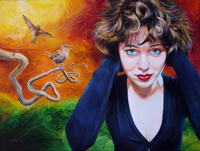 Woman with blue eyes and birds by Wlodzimierz Kuklinski