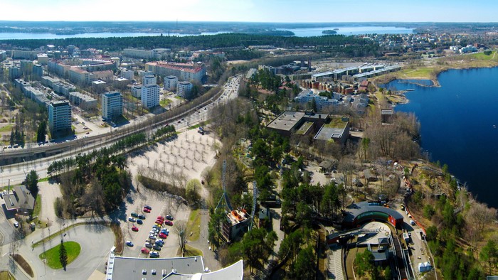 Aerial view of Tampere, Finland with lake and buildings
