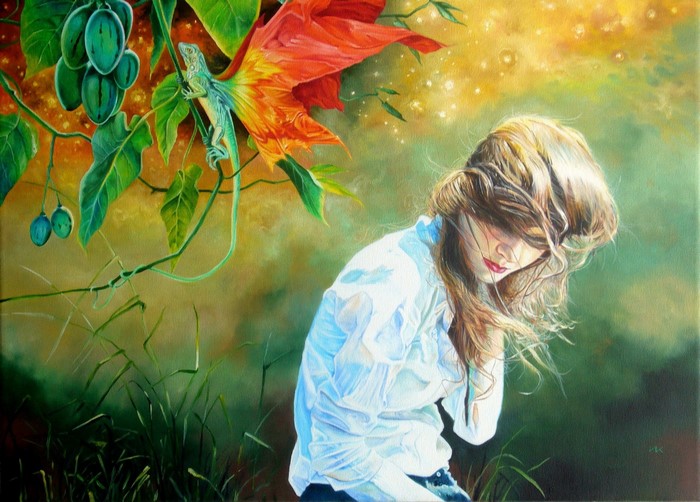 Girl in white shirt with lizard and fruit