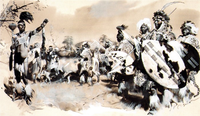 Zdenek Burian painting of Zulu warriors with shields and spears