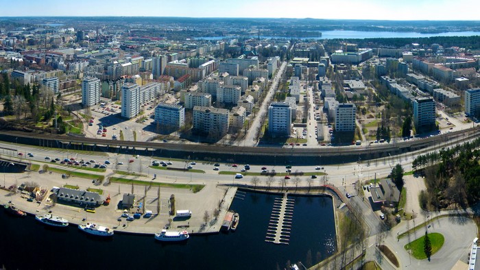 Aerial view of Tampere, Finland cityscape with harbor