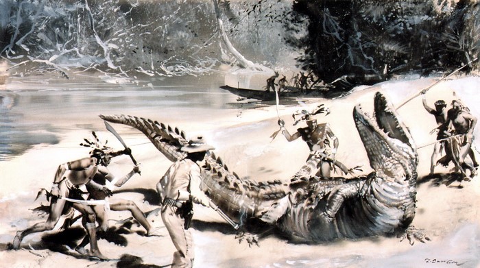 Zdenek Burian painting of men fighting a giant crocodile