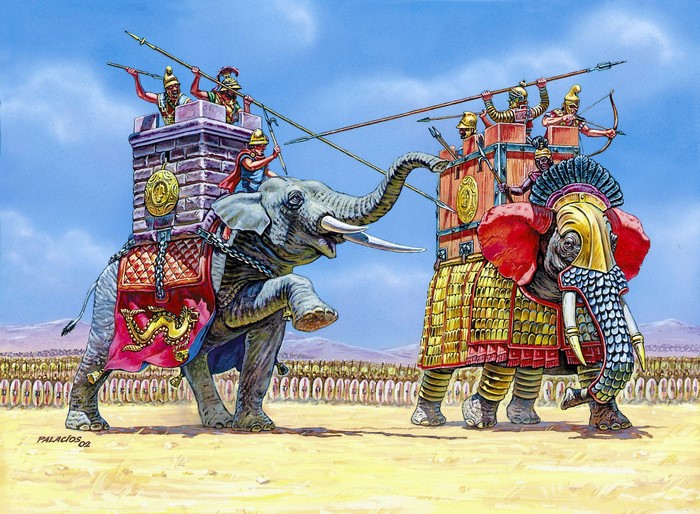 Ancient war elephants with soldiers in battle
