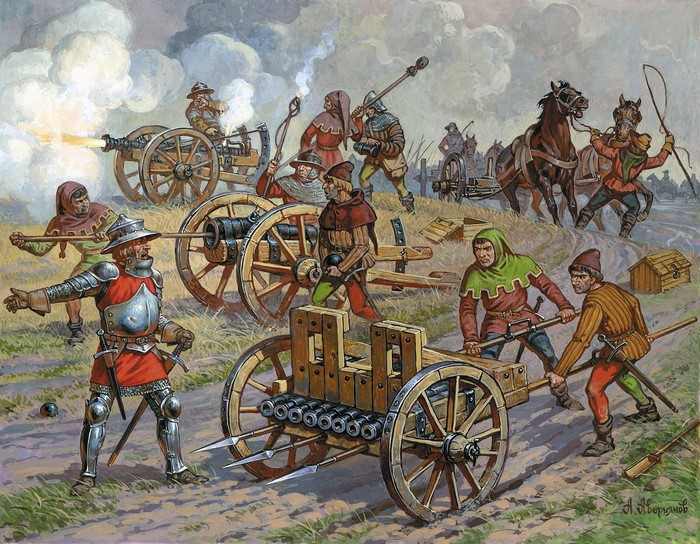 Medieval battle with cannons and soldiers