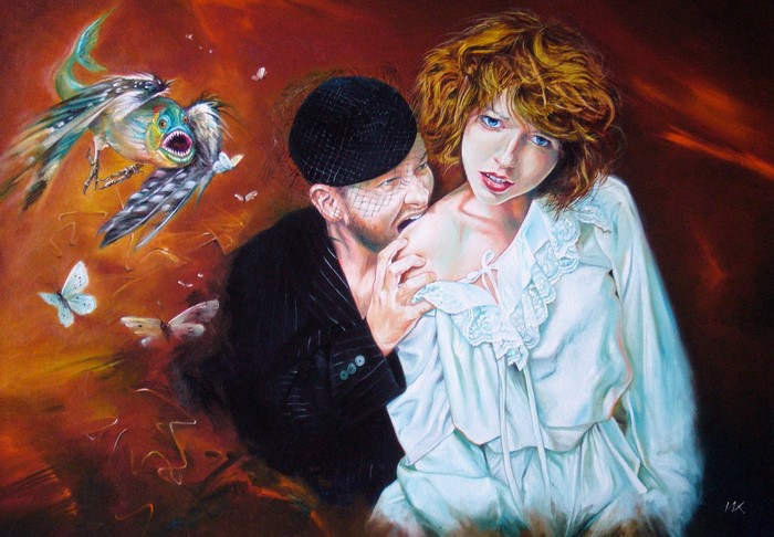 Man biting woman's shoulder, bird-fish creature, butterflies