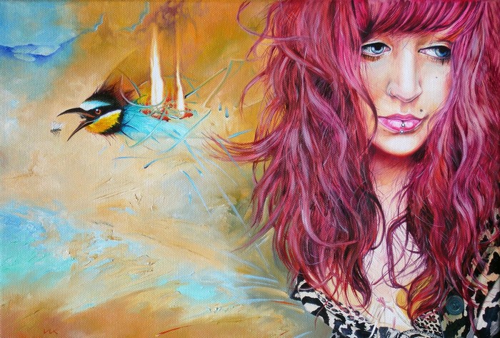Woman with pink hair and a bird by Wlodzimierz Kuklinski