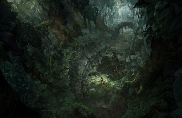Lara Croft from Tomb Raider in a jungle ruin