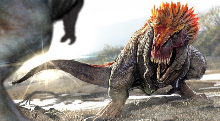 A dinosaur with a feathered crest in a prehistoric landscape